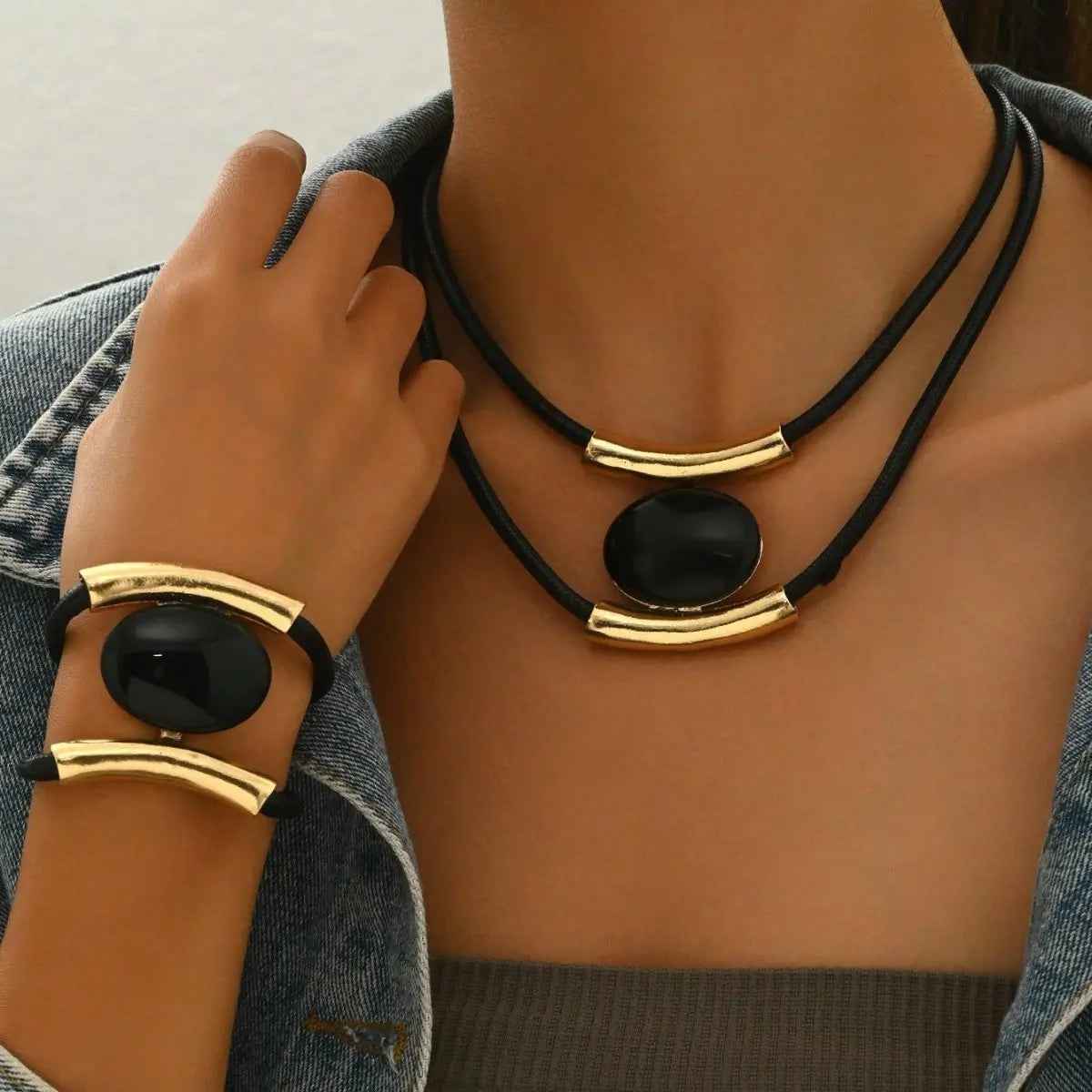 14K Gold Plated Golden Elegance  Black And Gold Statement Jewelry Set - Mohamed jewelry My Store
