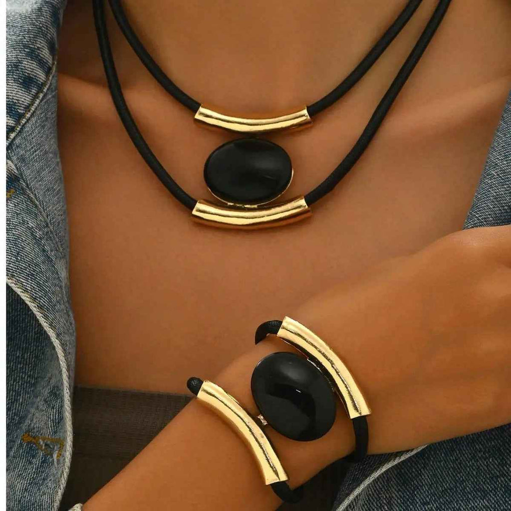 14K Gold Plated Golden Elegance  Black And Gold Statement Jewelry Set - Mohamed jewelry My Store