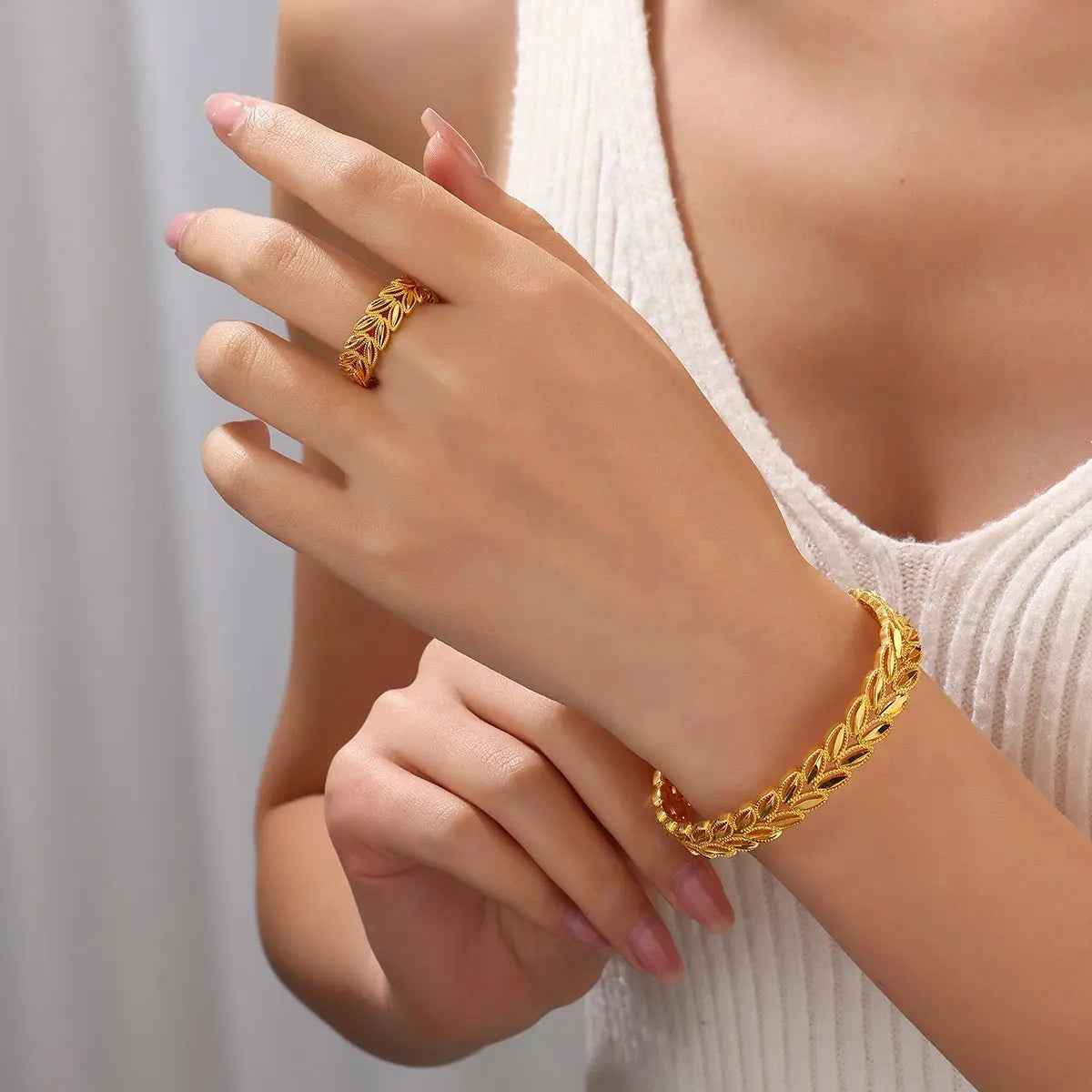 2Pcs Fashion 18k Gold Plated Wheat Ear Leaves Opening Bracelet Ring Set Suitable For Women's Daily Wear - Mohamed jewelry My Store