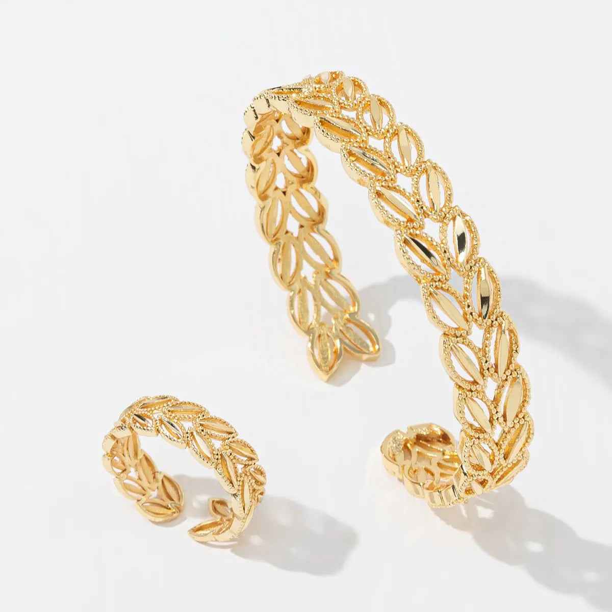 2Pcs Fashion 18k Gold Plated Wheat Ear Leaves Opening Bracelet Ring Set Suitable For Women's Daily Wear - Mohamed jewelry My Store