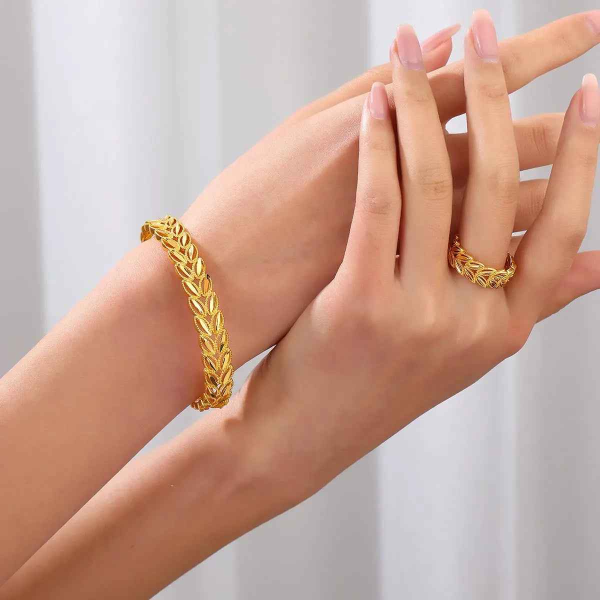 2Pcs Fashion 18k Gold Plated Wheat Ear Leaves Opening Bracelet Ring Set Suitable For Women's Daily Wear - Mohamed jewelry My Store