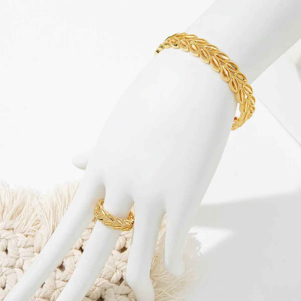 2Pcs Fashion 18k Gold Plated Wheat Ear Leaves Opening Bracelet Ring Set Suitable For Women's Daily Wear - Mohamed jewelry My Store