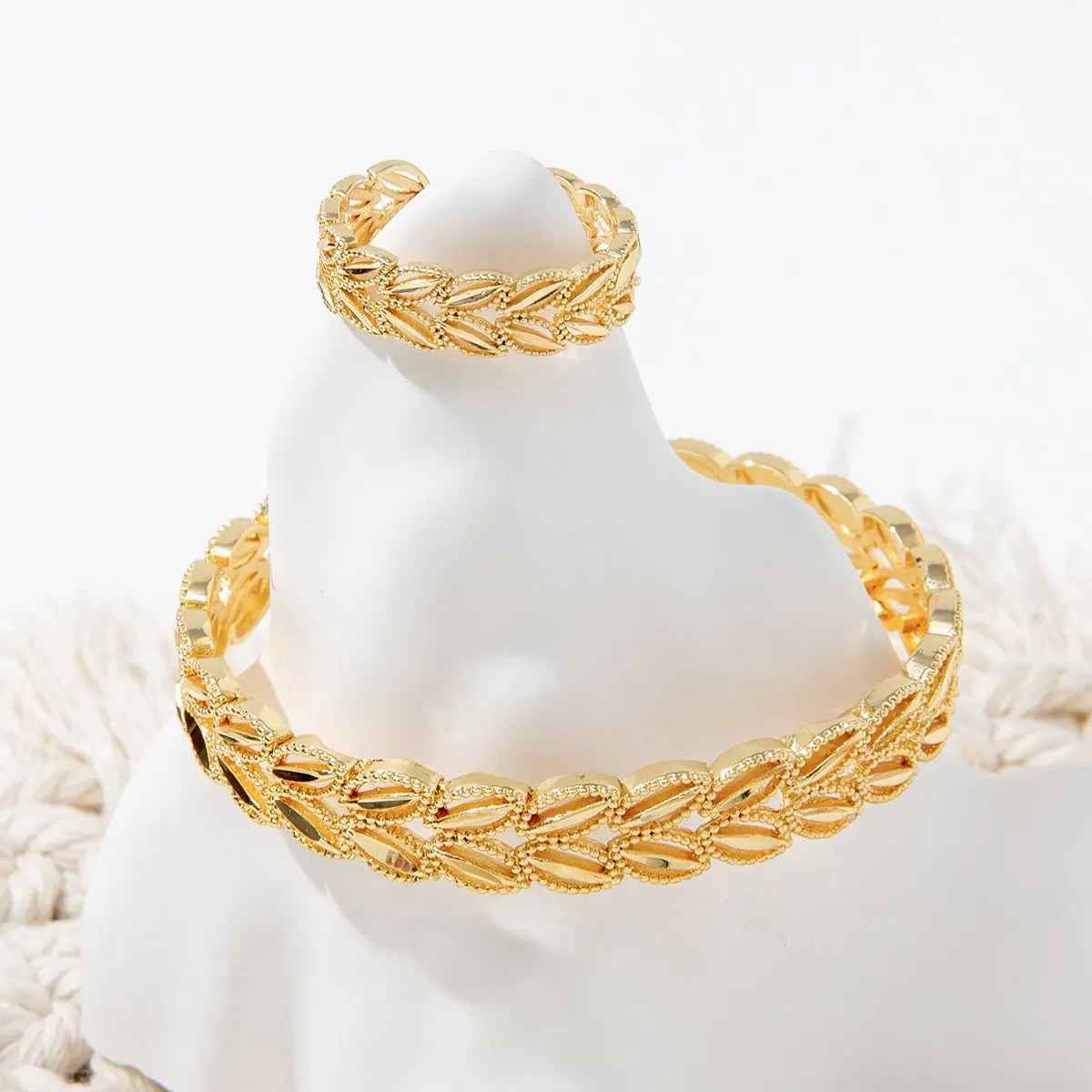 2Pcs Fashion 18k Gold Plated Wheat Ear Leaves Opening Bracelet Ring Set Suitable For Women's Daily Wear - Mohamed jewelry My Store