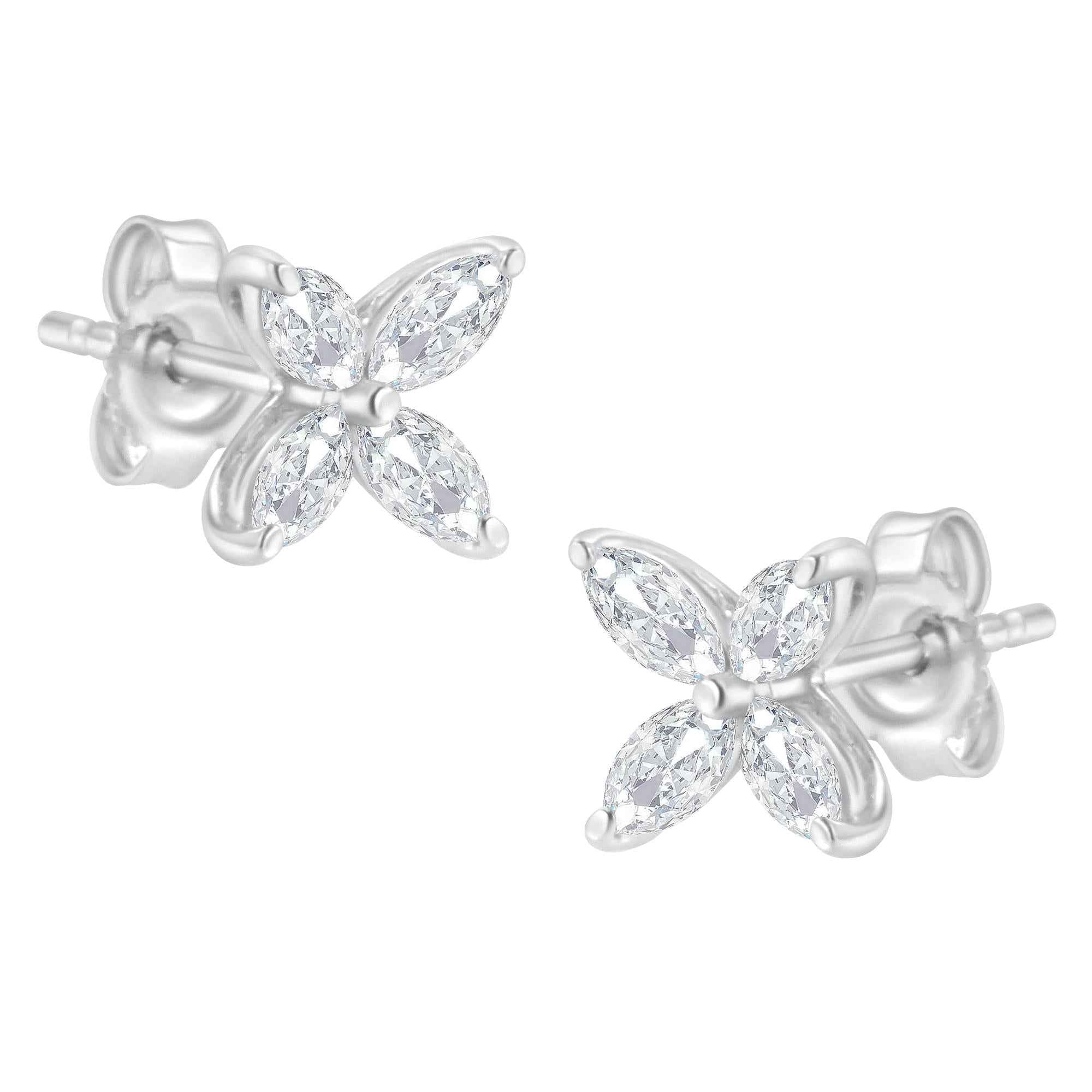 14K Gold Marquise Diamond 8 Stone Floral Leaf Stud Earrings (I-J Color, SI2-I1 Clarity) - Mohamed jewelry My Store