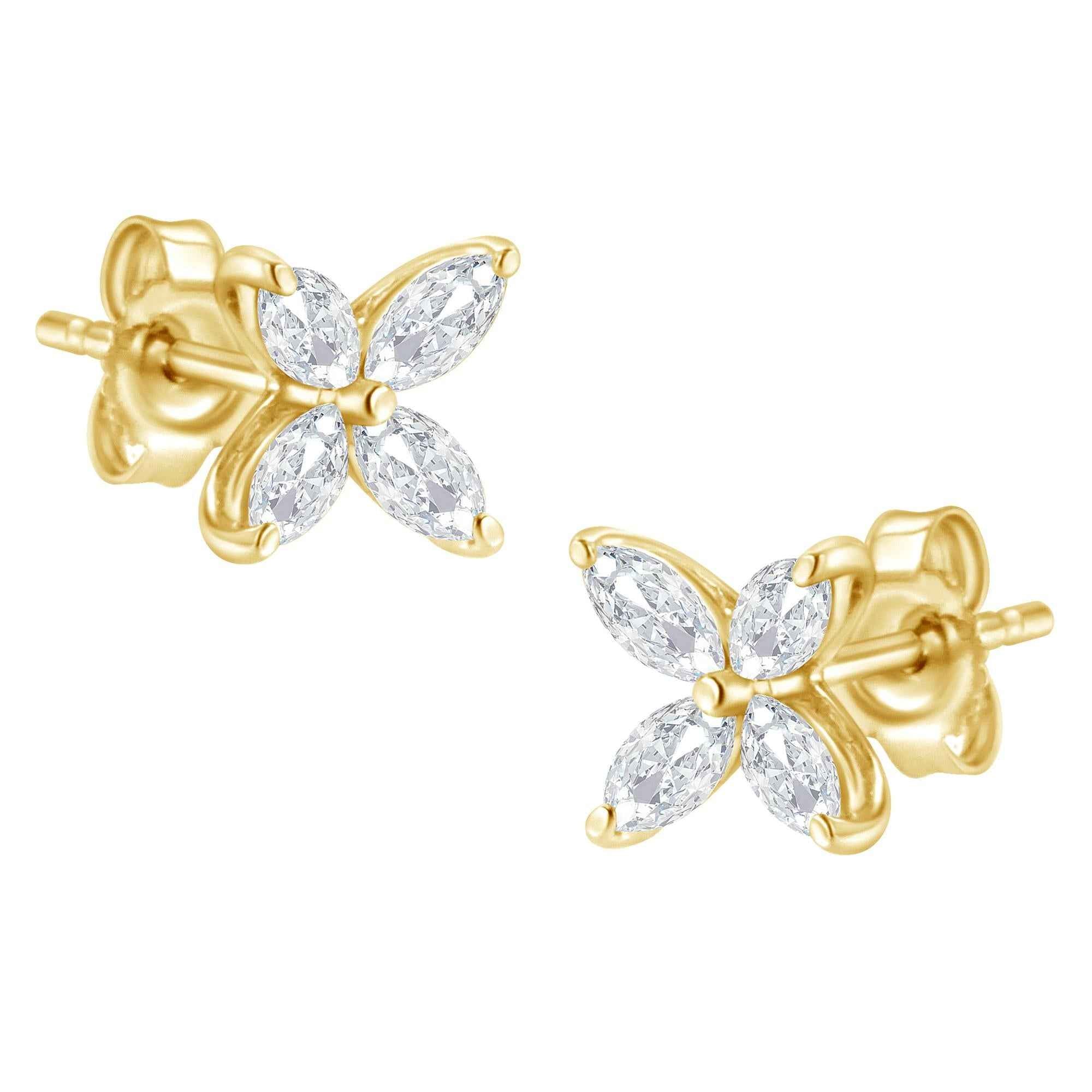 14K Gold Marquise Diamond 8 Stone Floral Leaf Stud Earrings (I-J Color, SI2-I1 Clarity) - Mohamed jewelry My Store