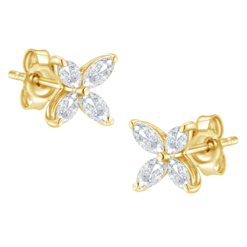 14K Gold Marquise Diamond 8 Stone Floral Leaf Stud Earrings (I-J Color, SI2-I1 Clarity) - Mohamed jewelry My Store