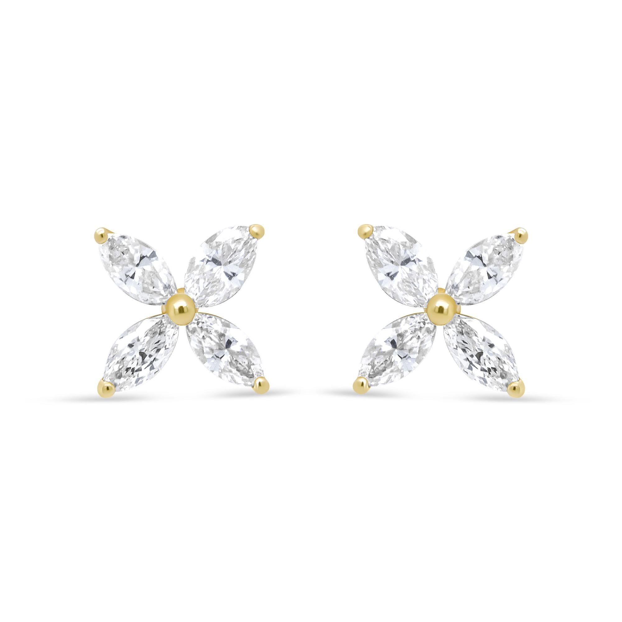 14K Gold Marquise Diamond 8 Stone Floral Leaf Stud Earrings (I-J Color, SI2-I1 Clarity) - Mohamed jewelry My Store