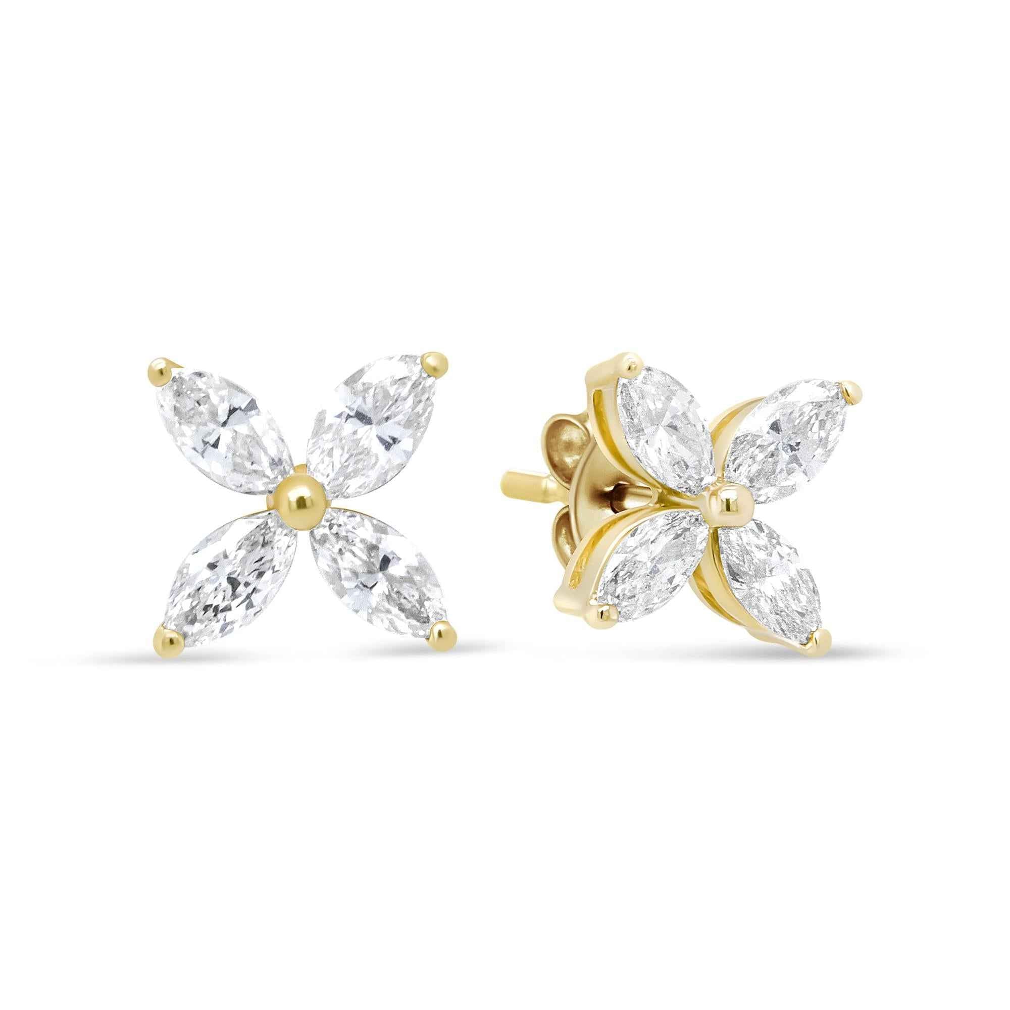 14K Gold Marquise Diamond 8 Stone Floral Leaf Stud Earrings (I-J Color, SI2-I1 Clarity) - Mohamed jewelry My Store