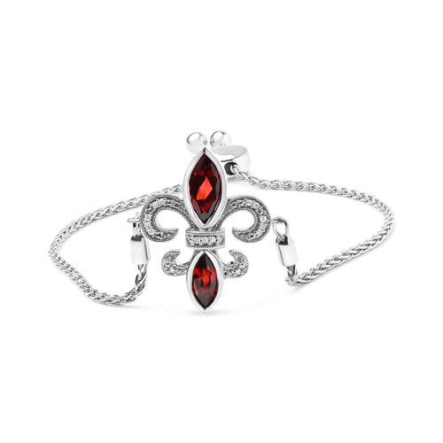 .925 Sterling Silver Marquise Garnet  and Diamond Accent Lariat 4”-10” Fleur De Lis Adjustable Bolo Bracelet (H-I Color, SI1-SI2 Clarity) - Mohamed jewelry My Store