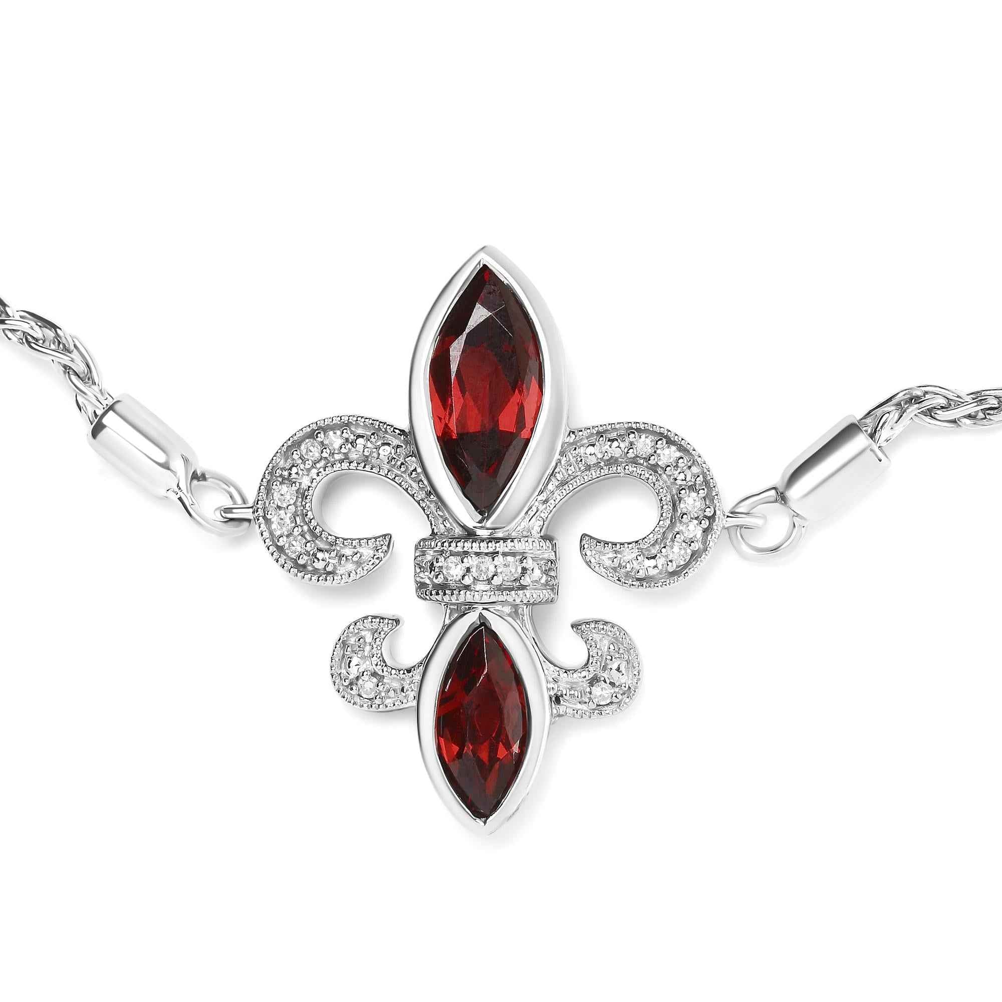 .925 Sterling Silver Marquise Garnet  and Diamond Accent Lariat 4”-10” Fleur De Lis Adjustable Bolo Bracelet (H-I Color, SI1-SI2 Clarity) - Mohamed jewelry My Store
