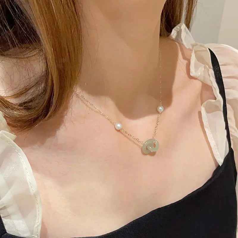 Clavicle Chain Double Ring Safety Buckle Pendant Pearl Necklace - Mohamed jewelry My Store