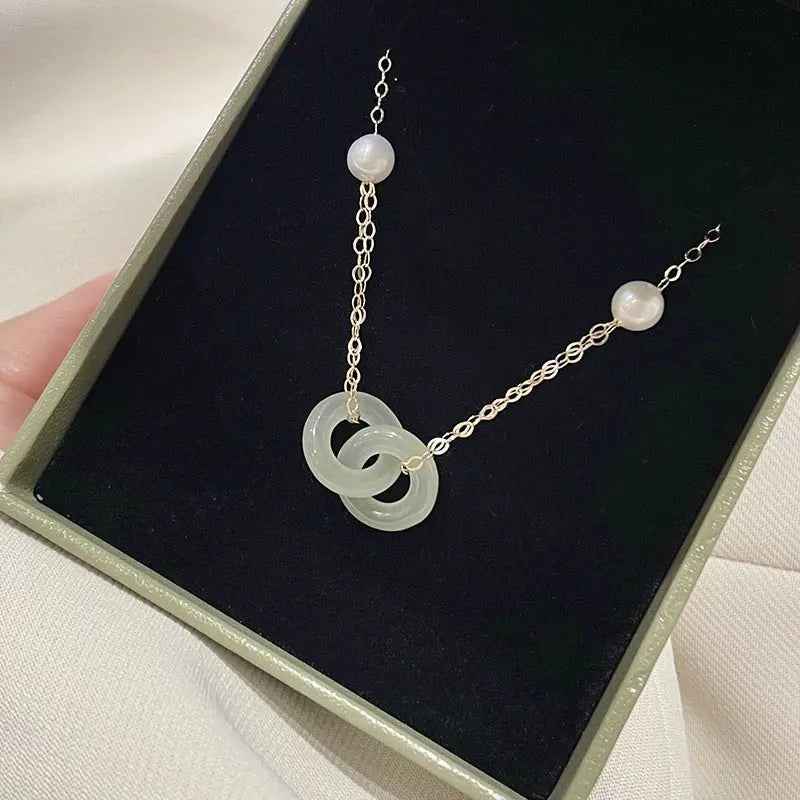 Clavicle Chain Double Ring Safety Buckle Pendant Pearl Necklace - Mohamed jewelry My Store