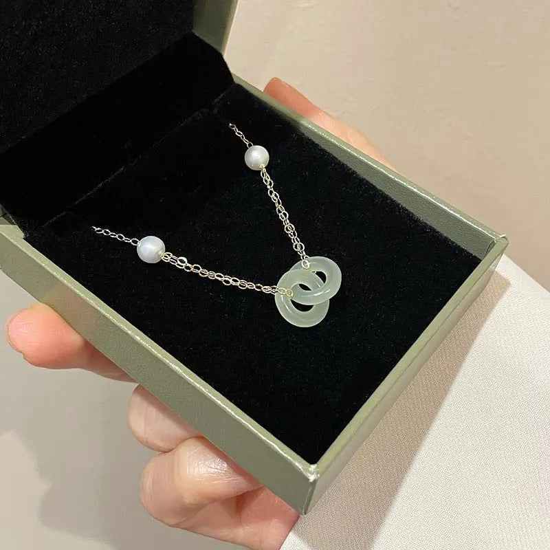 Clavicle Chain Double Ring Safety Buckle Pendant Pearl Necklace - Mohamed jewelry My Store