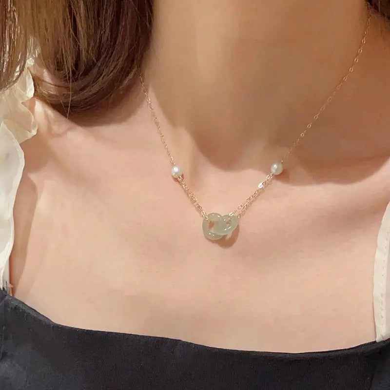 Clavicle Chain Double Ring Safety Buckle Pendant Pearl Necklace - Mohamed jewelry My Store