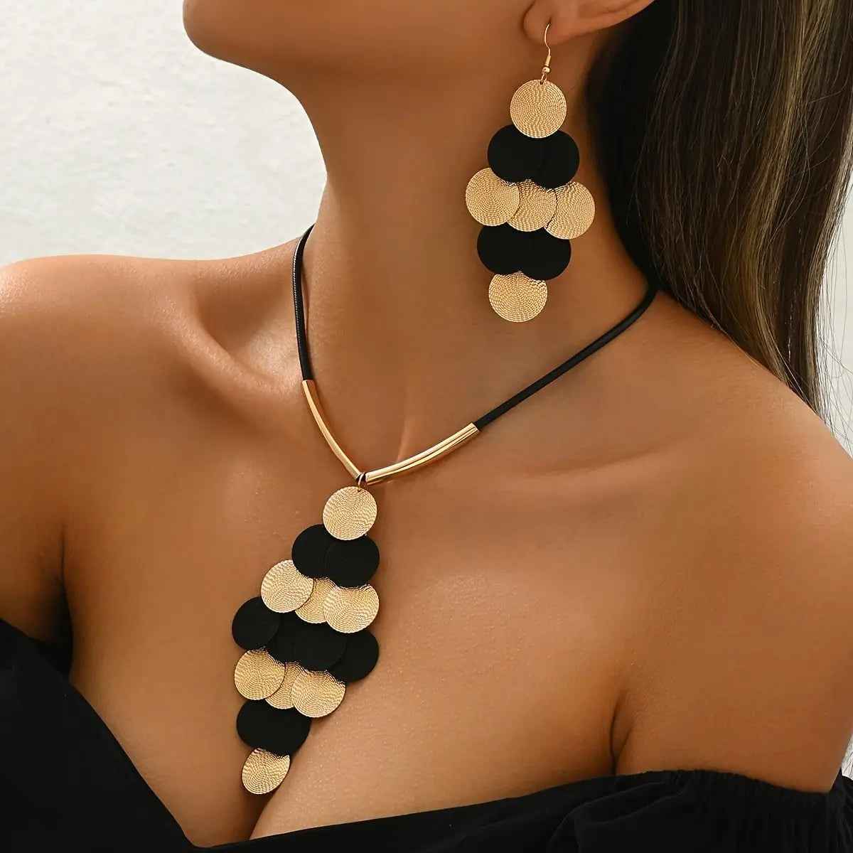 Lxalry 14K Gold   Black Gothic Jewelry Set Handmade Iron   Leather Necklace   Earrings Duo  Bold Oversized Pendant - Mohamed jewelry My Store