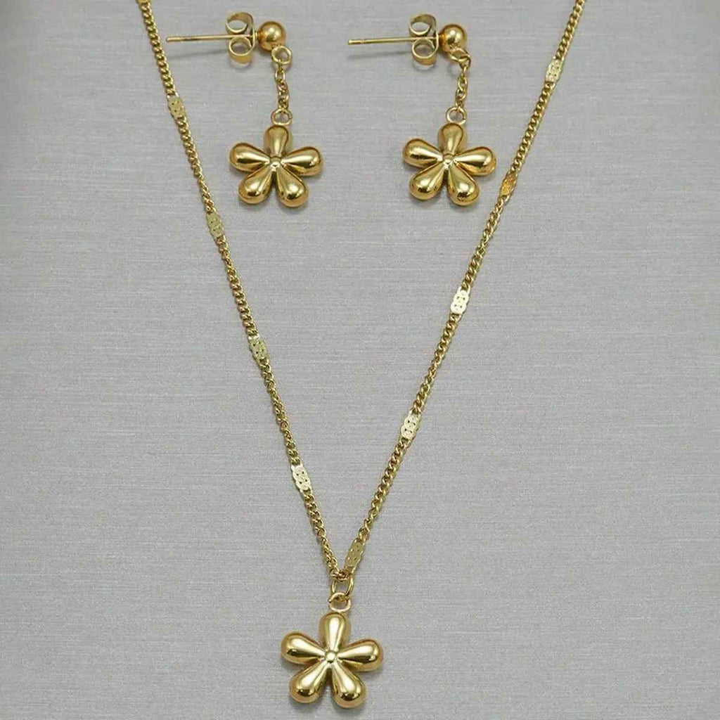 Lxalry 18K Gold Plated Stainless Steel Dainty Flower Pendant Necklace And Earrings Set For Women - Mohamed jewelry My Store