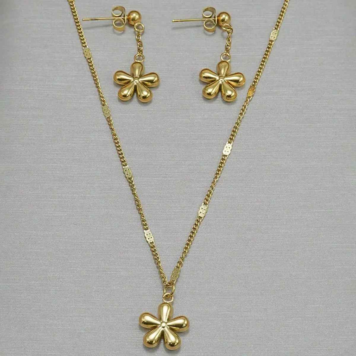 Lxalry 18K Gold Plated Stainless Steel Dainty Flower Pendant Necklace And Earrings Set For Women - Mohamed jewelry My Store