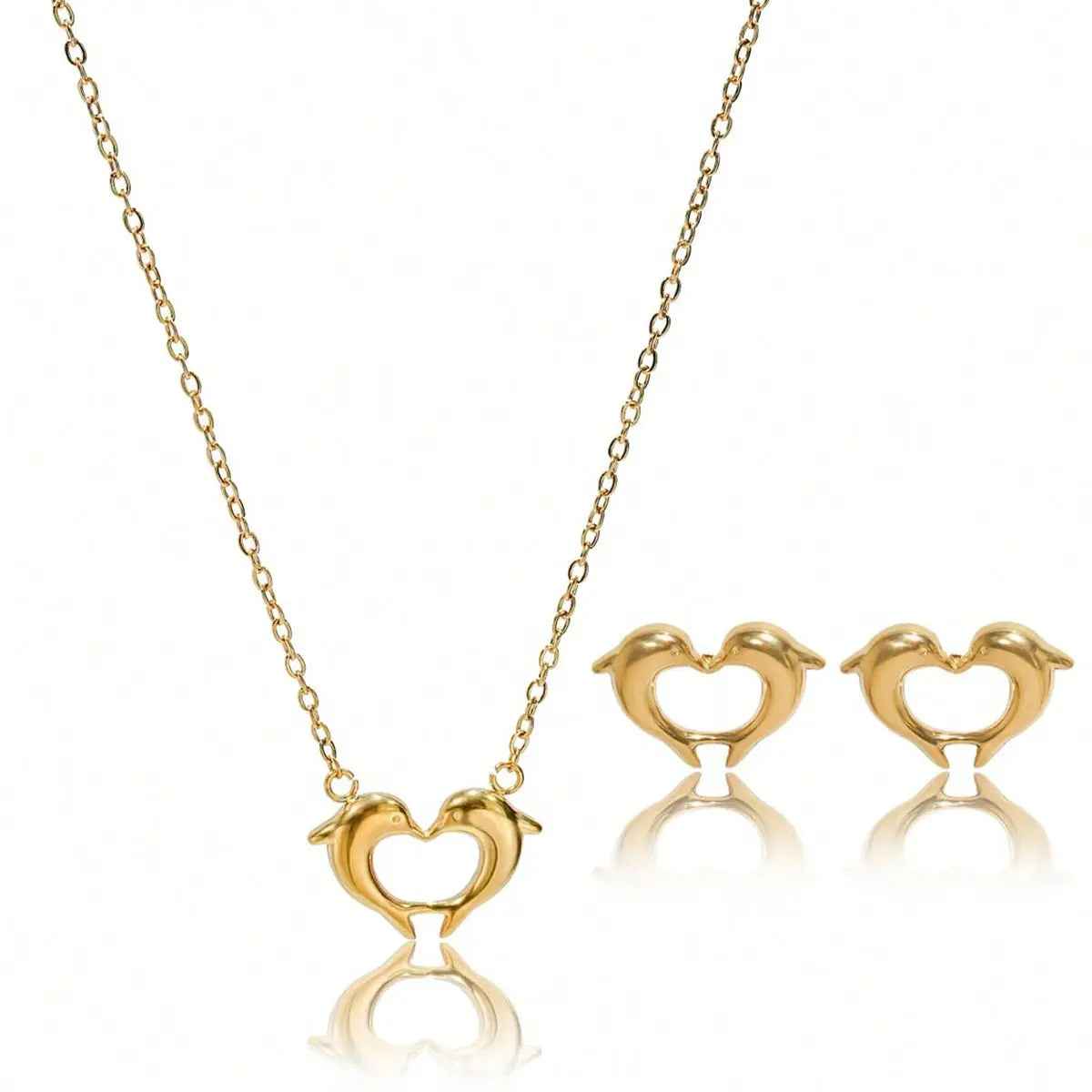 Lxalry 18K Gold Plated Stainless Steel Dolphin Heart Necklace & Earrings Set - Elegant Gift Jewelry - Mohamed jewelry My Store