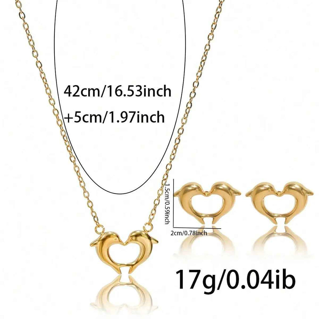 Lxalry 18K Gold Plated Stainless Steel Dolphin Heart Necklace & Earrings Set - Elegant Gift Jewelry - Mohamed jewelry My Store