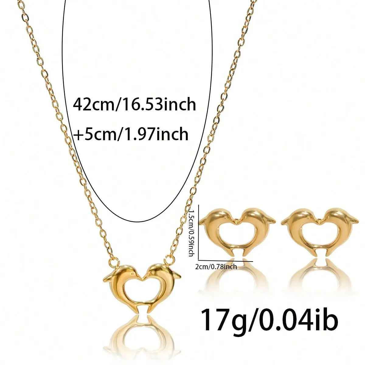 Lxalry 18K Gold Plated Stainless Steel Dolphin Heart Necklace & Earrings Set - Elegant Gift Jewelry - Mohamed jewelry My Store