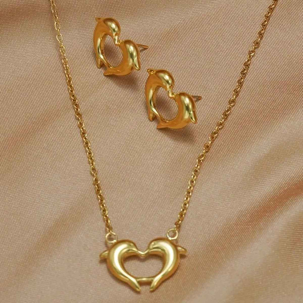 Lxalry 18K Gold Plated Stainless Steel Dolphin Heart Necklace & Earrings Set - Elegant Gift Jewelry - Mohamed jewelry My Store