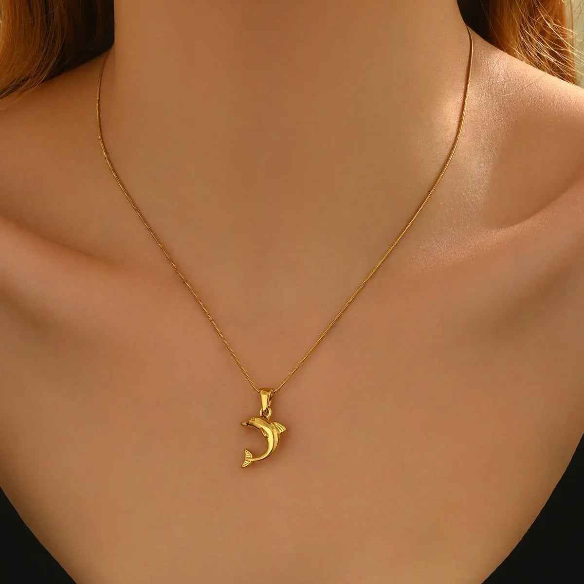 Lxalry 18K Gold Plated Stainless Steel Dolphin Heart Necklace & Earrings Set - Elegant Gift Jewelry - Mohamed jewelry My Store