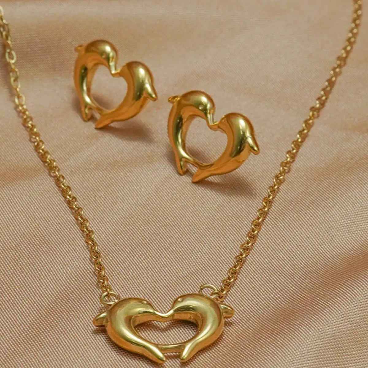 Lxalry 18K Gold Plated Stainless Steel Dolphin Heart Necklace & Earrings Set - Elegant Gift Jewelry - Mohamed jewelry My Store