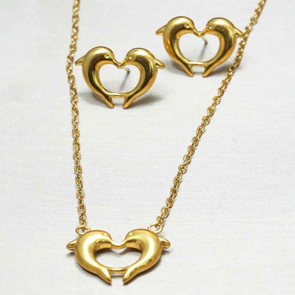 Lxalry 18K Gold Plated Stainless Steel Dolphin Heart Necklace & Earrings Set - Elegant Gift Jewelry - Mohamed jewelry My Store