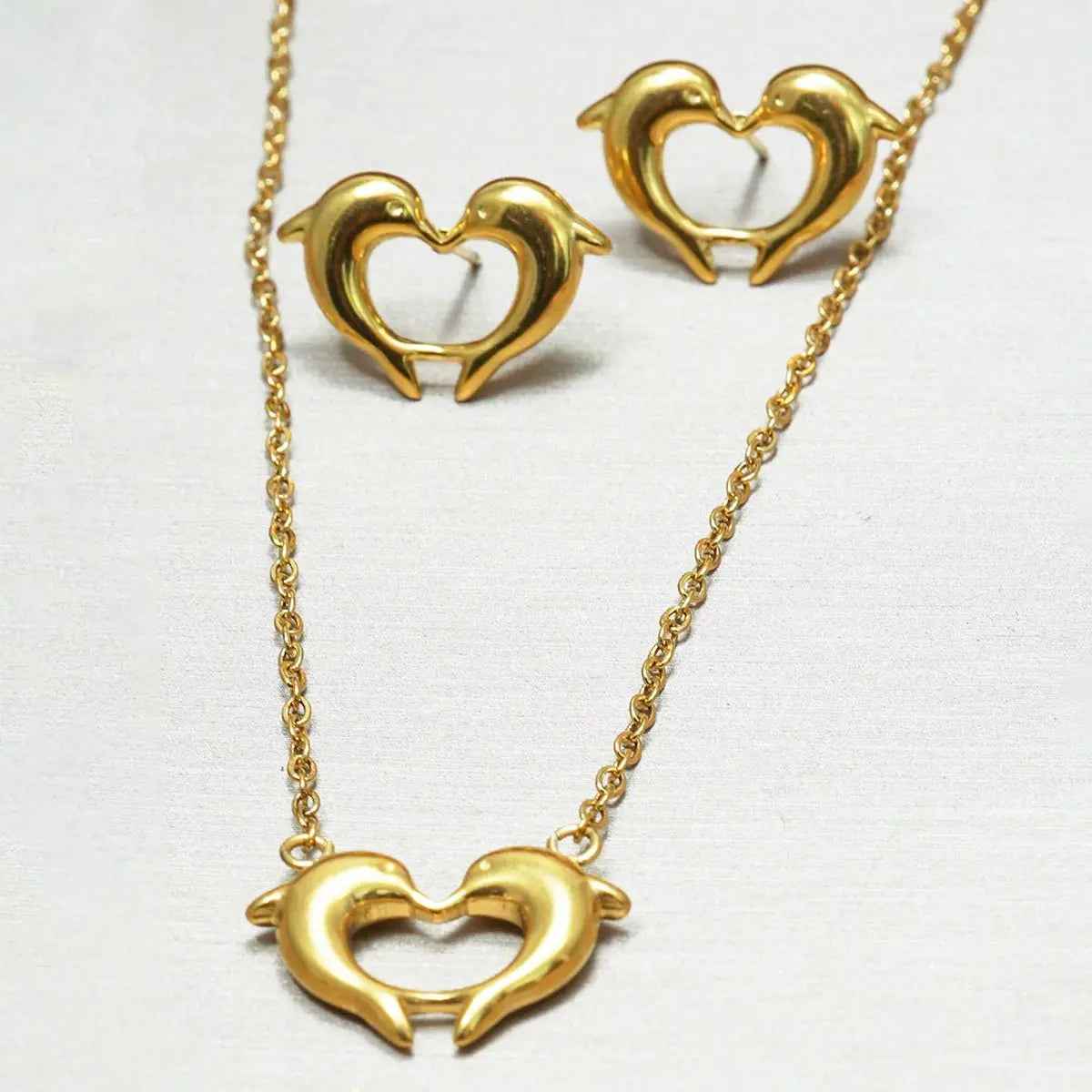 Lxalry 18K Gold Plated Stainless Steel Dolphin Heart Necklace & Earrings Set - Elegant Gift Jewelry - Mohamed jewelry My Store