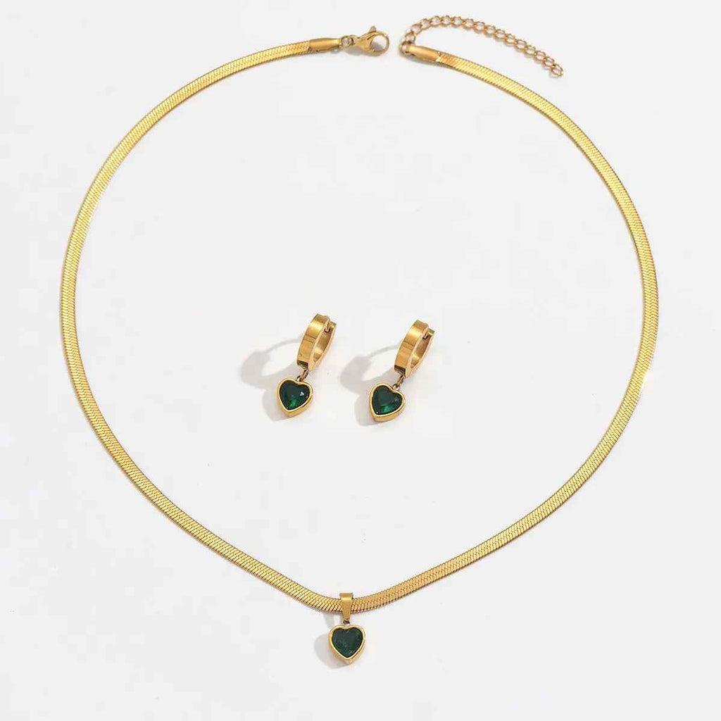 Lxalry 18K Gold Plated Stainless Steel Green Heart Jewelry Set For Women - Mohamed jewelry My Store
