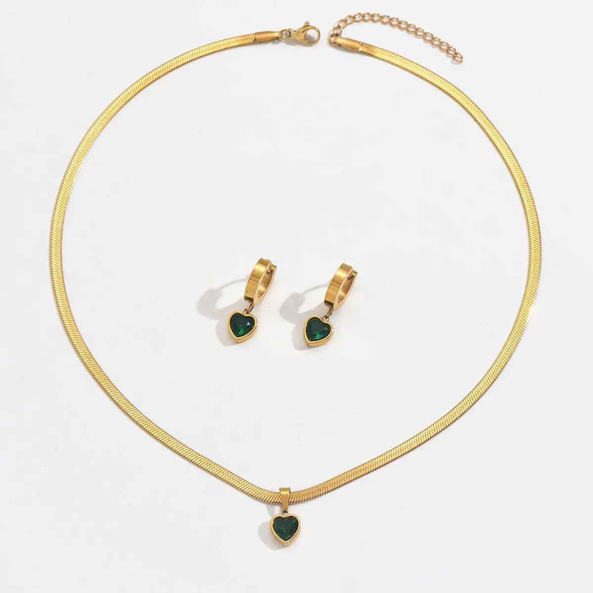 Lxalry 18K Gold Plated Stainless Steel Green Heart Jewelry Set For Women - Mohamed jewelry My Store
