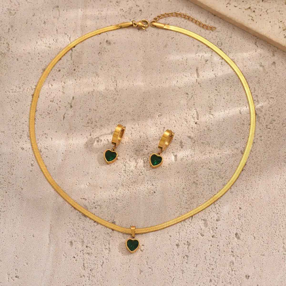 Lxalry 18K Gold Plated Stainless Steel Green Heart Jewelry Set For Women - Mohamed jewelry My Store