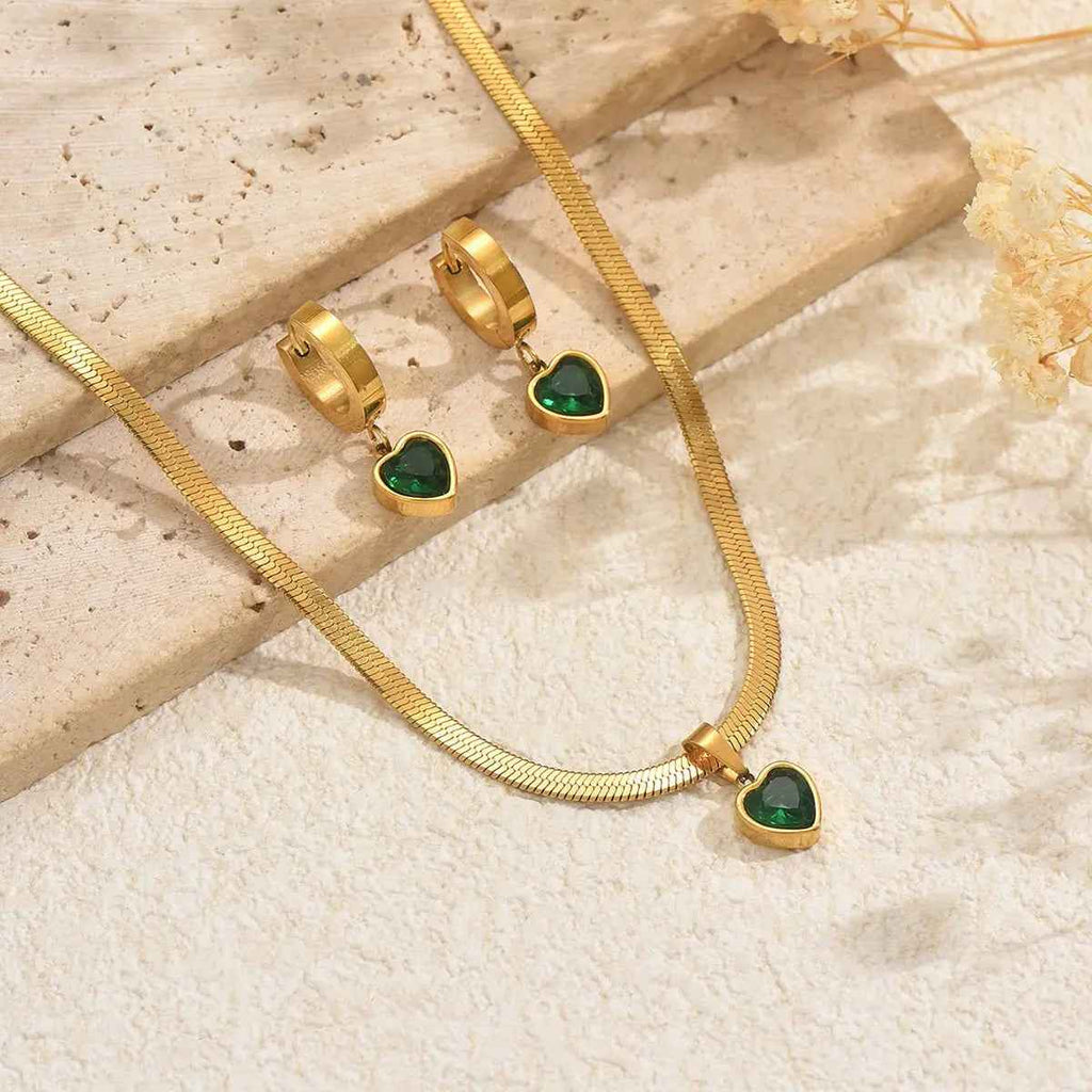 Lxalry 18K Gold Plated Stainless Steel Green Heart Jewelry Set For Women - Mohamed jewelry My Store