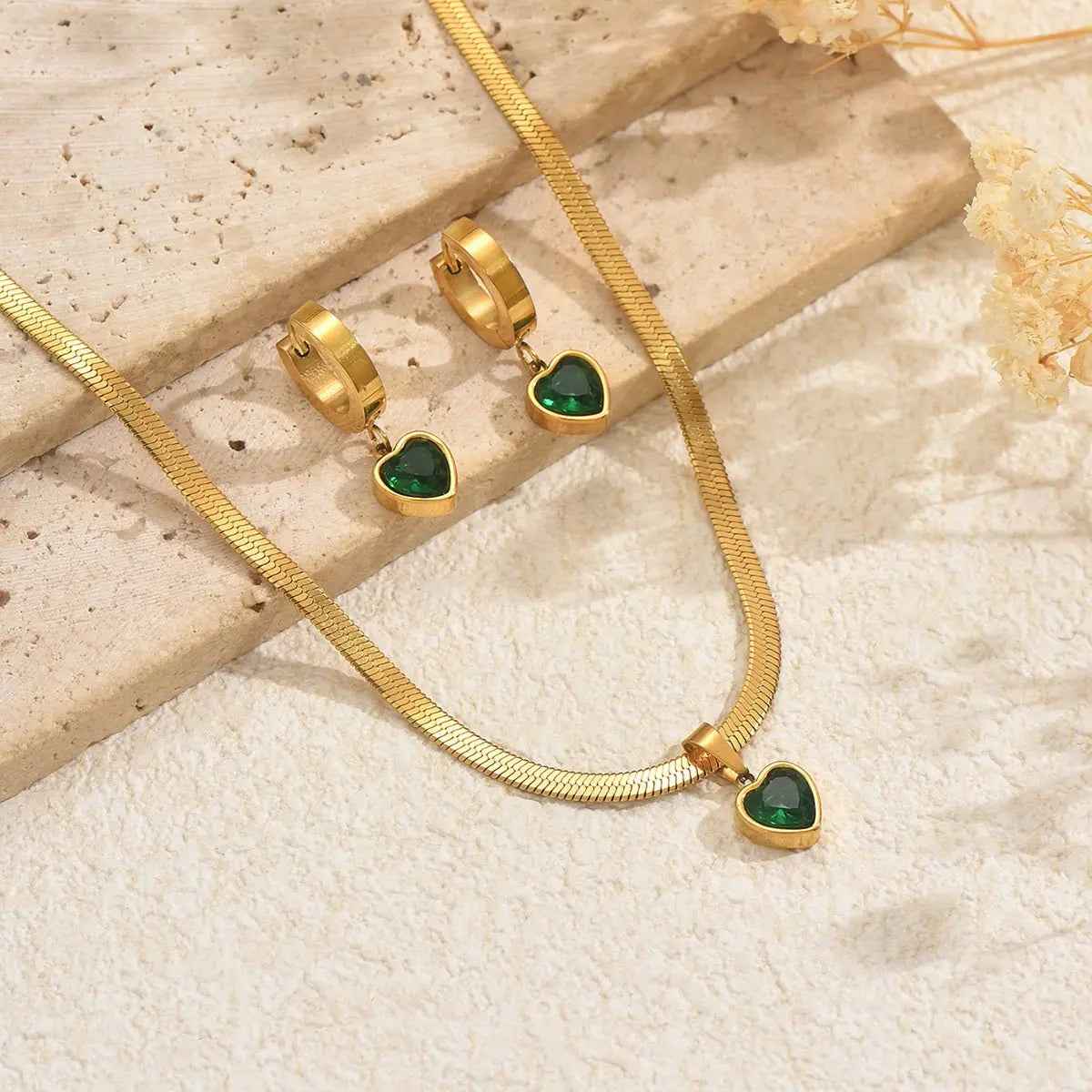 Lxalry 18K Gold Plated Stainless Steel Green Heart Jewelry Set For Women - Mohamed jewelry My Store