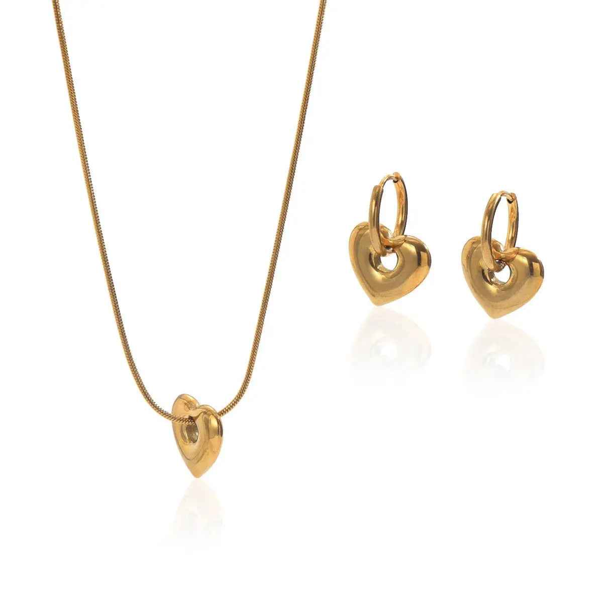Lxalry 18K Gold Plated Stainless Steel Heart Pendant Necklace And Hoop Earrings Set For Women - Mohamed jewelry My Store