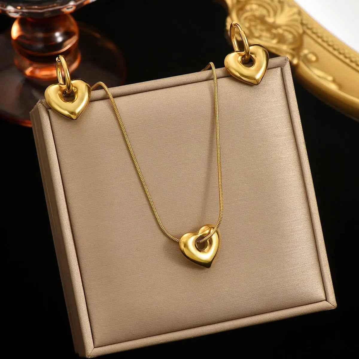 Lxalry 18K Gold Plated Stainless Steel Heart Pendant Necklace And Hoop Earrings Set For Women - Mohamed jewelry My Store