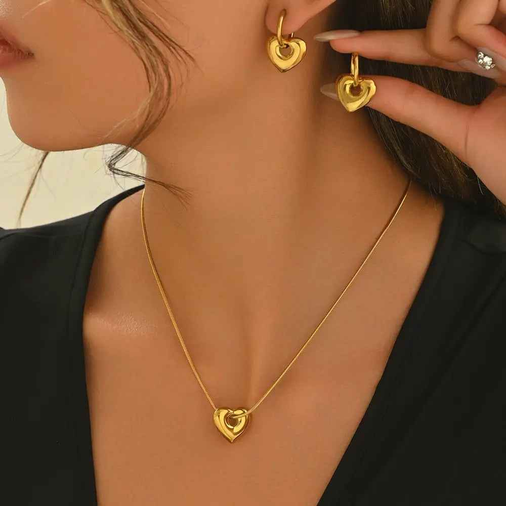Lxalry 18K Gold Plated Stainless Steel Heart Pendant Necklace And Hoop Earrings Set For Women - Mohamed jewelry My Store