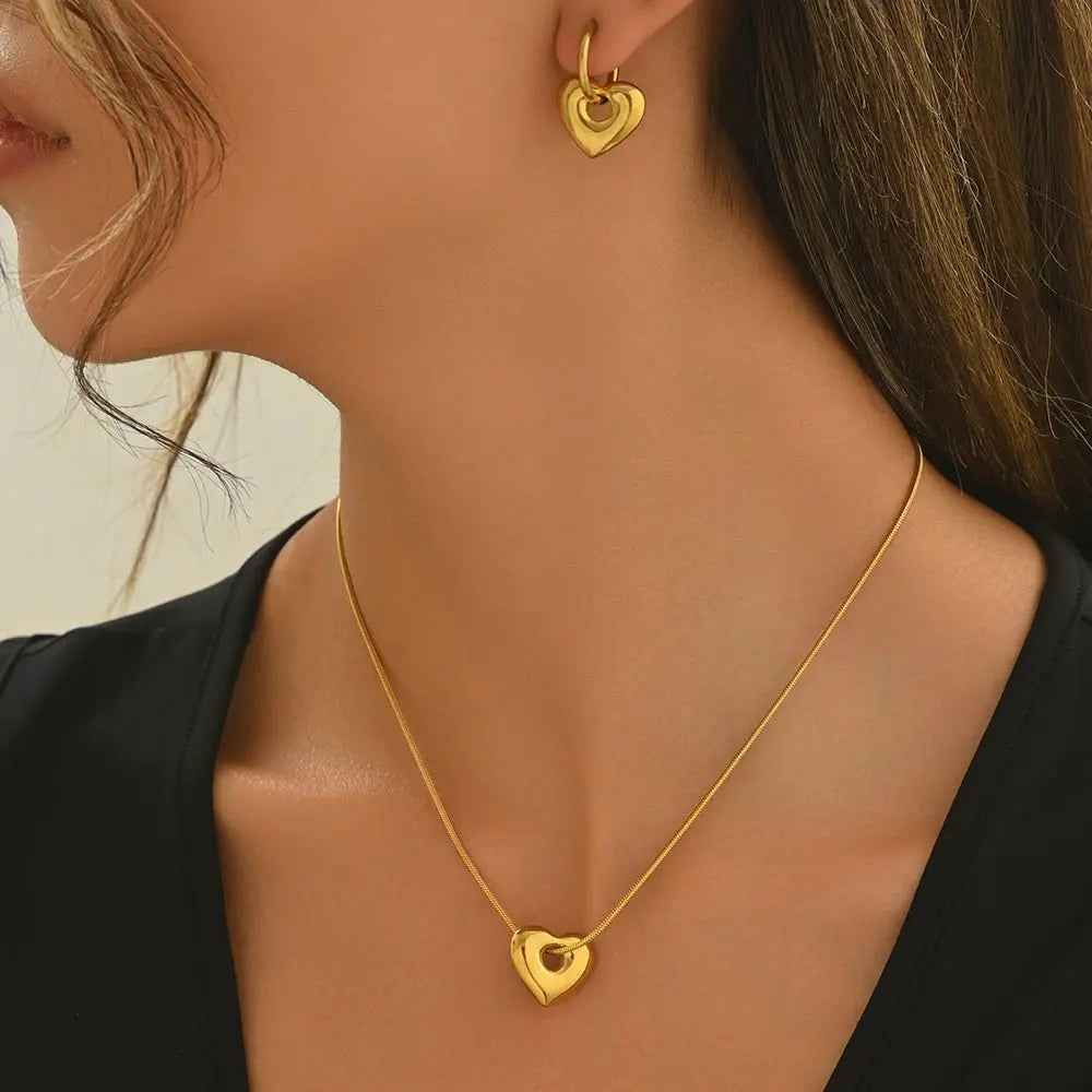 Lxalry 18K Gold Plated Stainless Steel Heart Pendant Necklace And Hoop Earrings Set For Women - Mohamed jewelry My Store