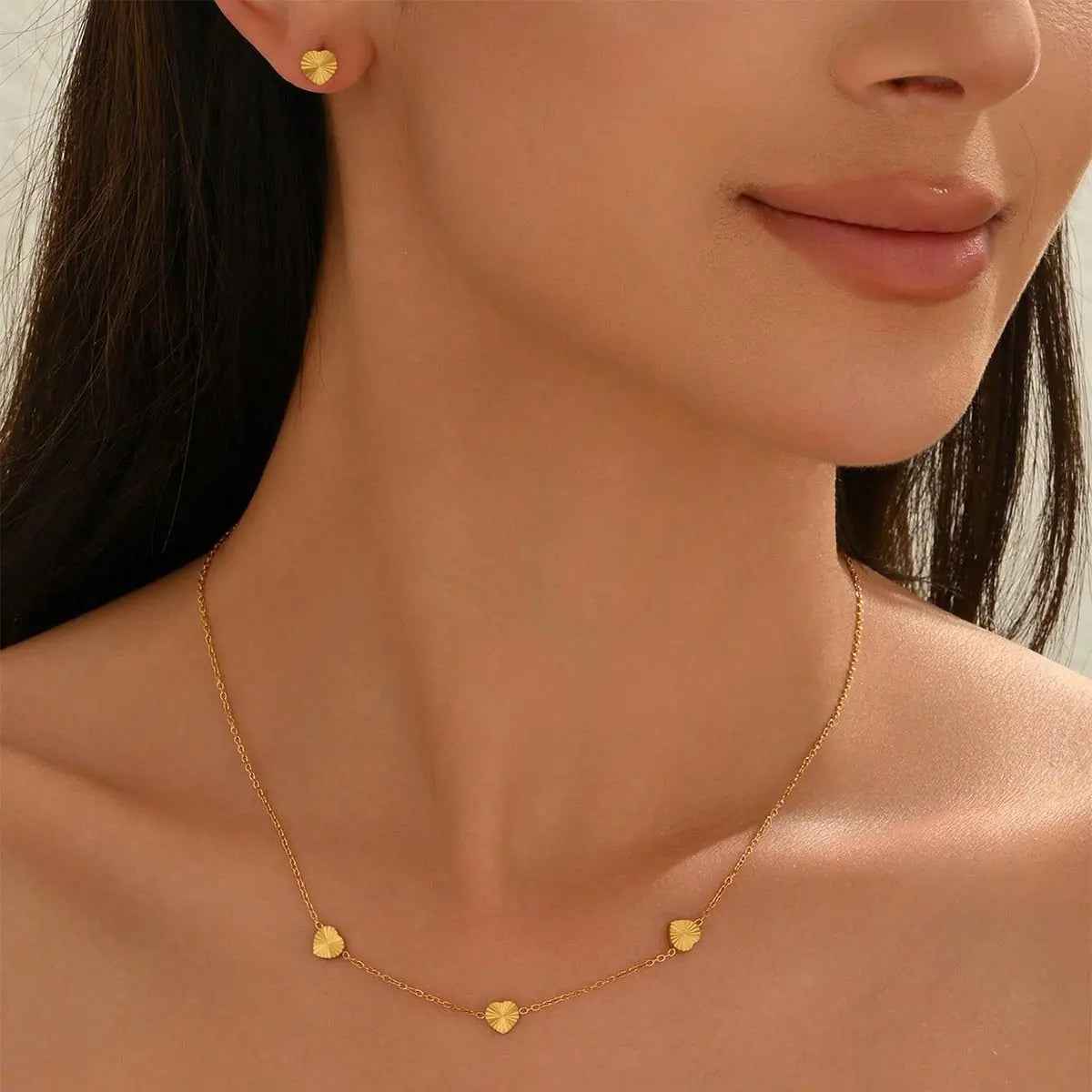 Lxalry 18K Gold Plated Stainless Steel Minimalist Heart Necklace & Earring Set For Women - Mohamed jewelry My Store