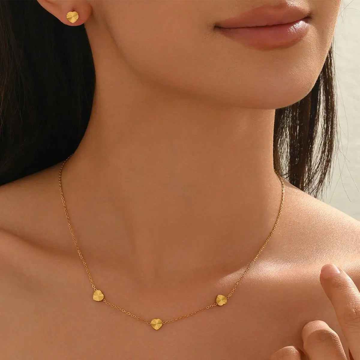 Lxalry 18K Gold Plated Stainless Steel Minimalist Heart Necklace & Earring Set For Women - Mohamed jewelry My Store