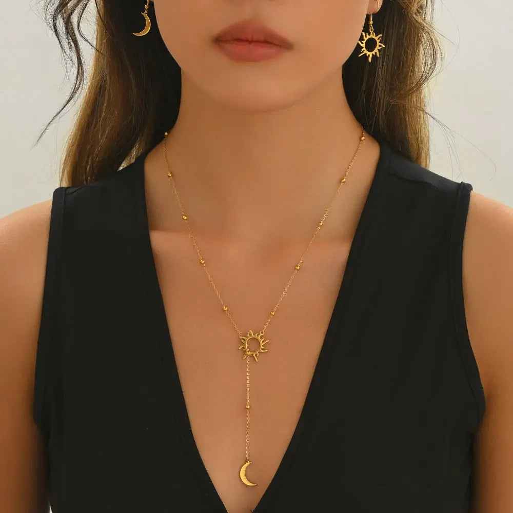 Lxalry 18K Gold Plated Stainless Steel Sun And Moon Pendant Necklace And Hoop Earrings Set For Women - Mohamed jewelry My Store
