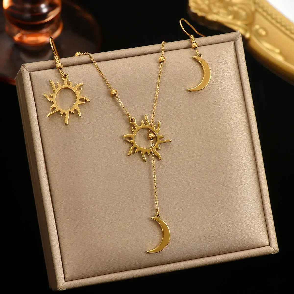 Lxalry 18K Gold Plated Stainless Steel Sun And Moon Pendant Necklace And Hoop Earrings Set For Women - Mohamed jewelry My Store