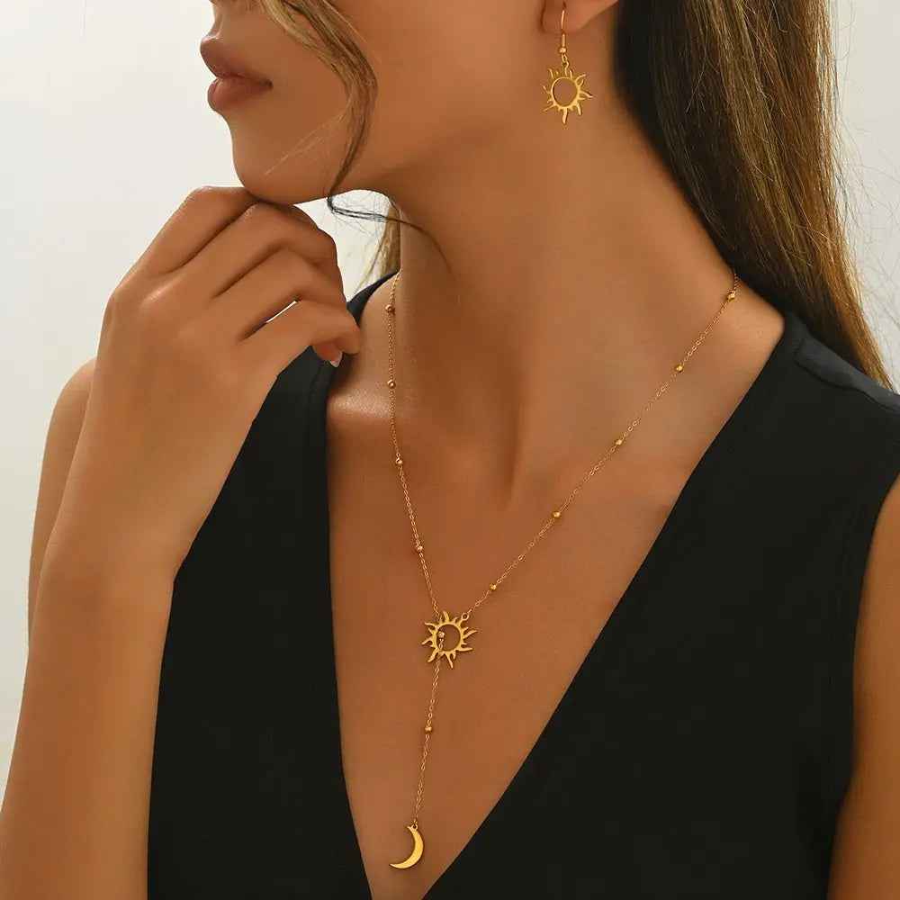 Lxalry 18K Gold Plated Stainless Steel Sun And Moon Pendant Necklace And Hoop Earrings Set For Women - Mohamed jewelry My Store