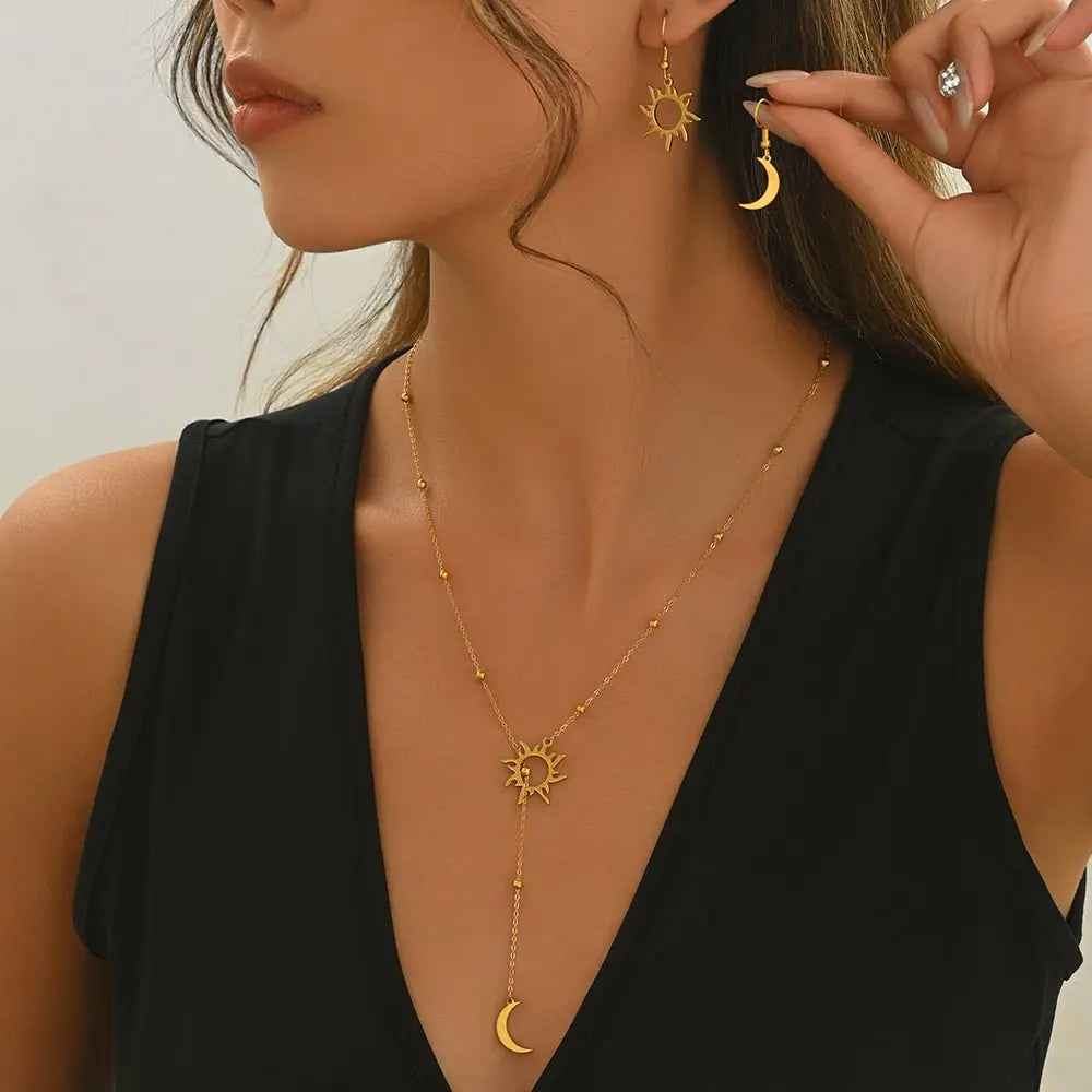Lxalry 18K Gold Plated Stainless Steel Sun And Moon Pendant Necklace And Hoop Earrings Set For Women - Mohamed jewelry My Store
