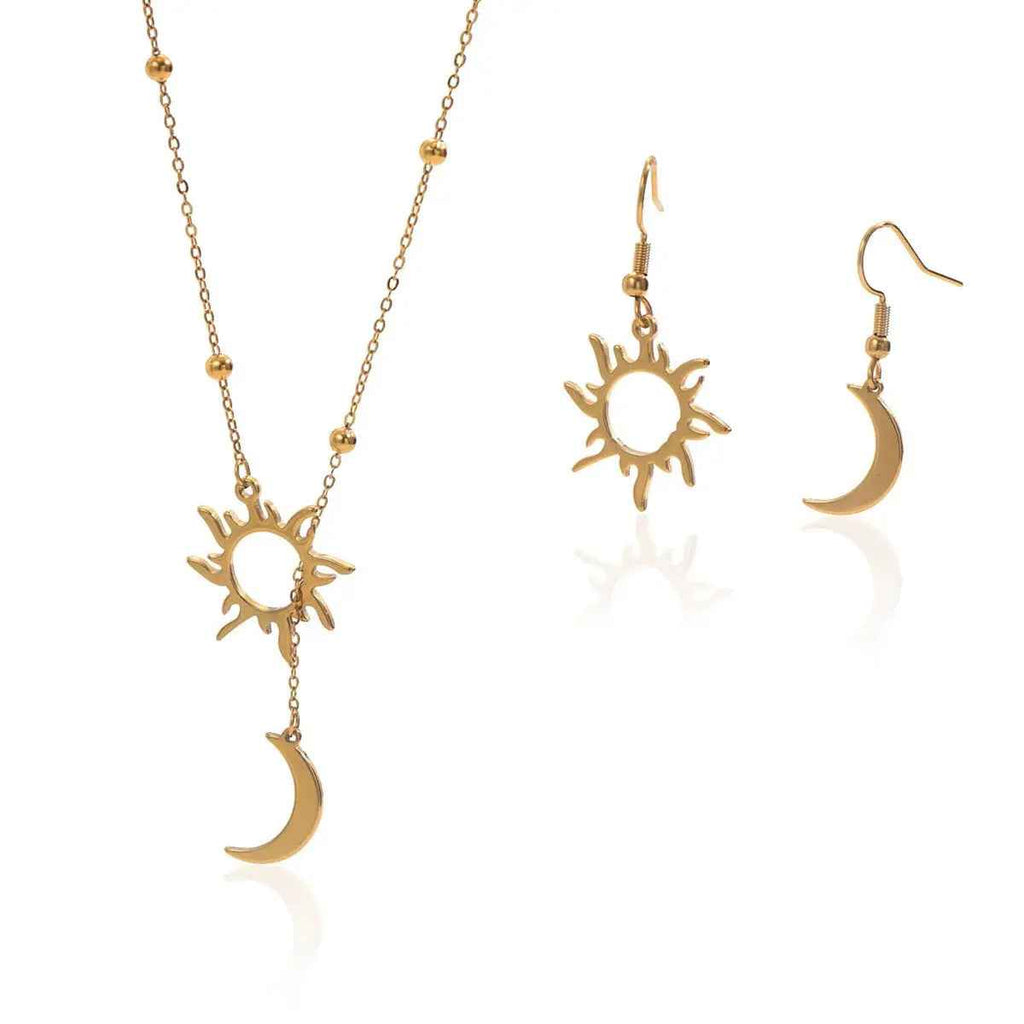 Lxalry 18K Gold Plated Stainless Steel Sun And Moon Pendant Necklace And Hoop Earrings Set For Women - Mohamed jewelry My Store