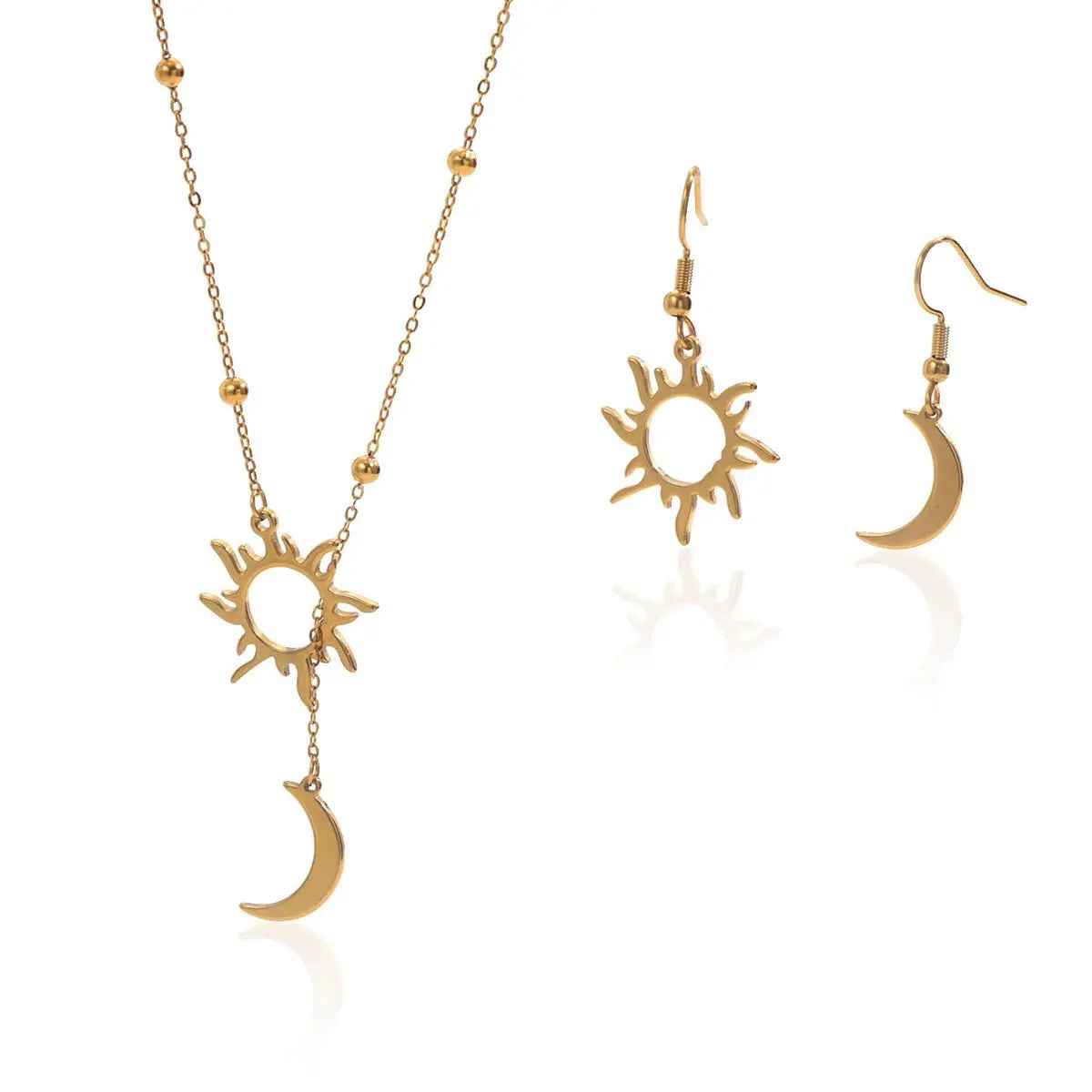 Lxalry 18K Gold Plated Stainless Steel Sun And Moon Pendant Necklace And Hoop Earrings Set For Women - Mohamed jewelry My Store