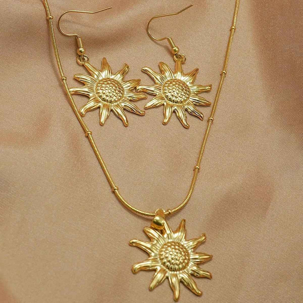 Lxalry 18K Gold Plated Stainless Steel Sun Pendant Necklace And Earrings Set For Women - Mohamed jewelry My Store