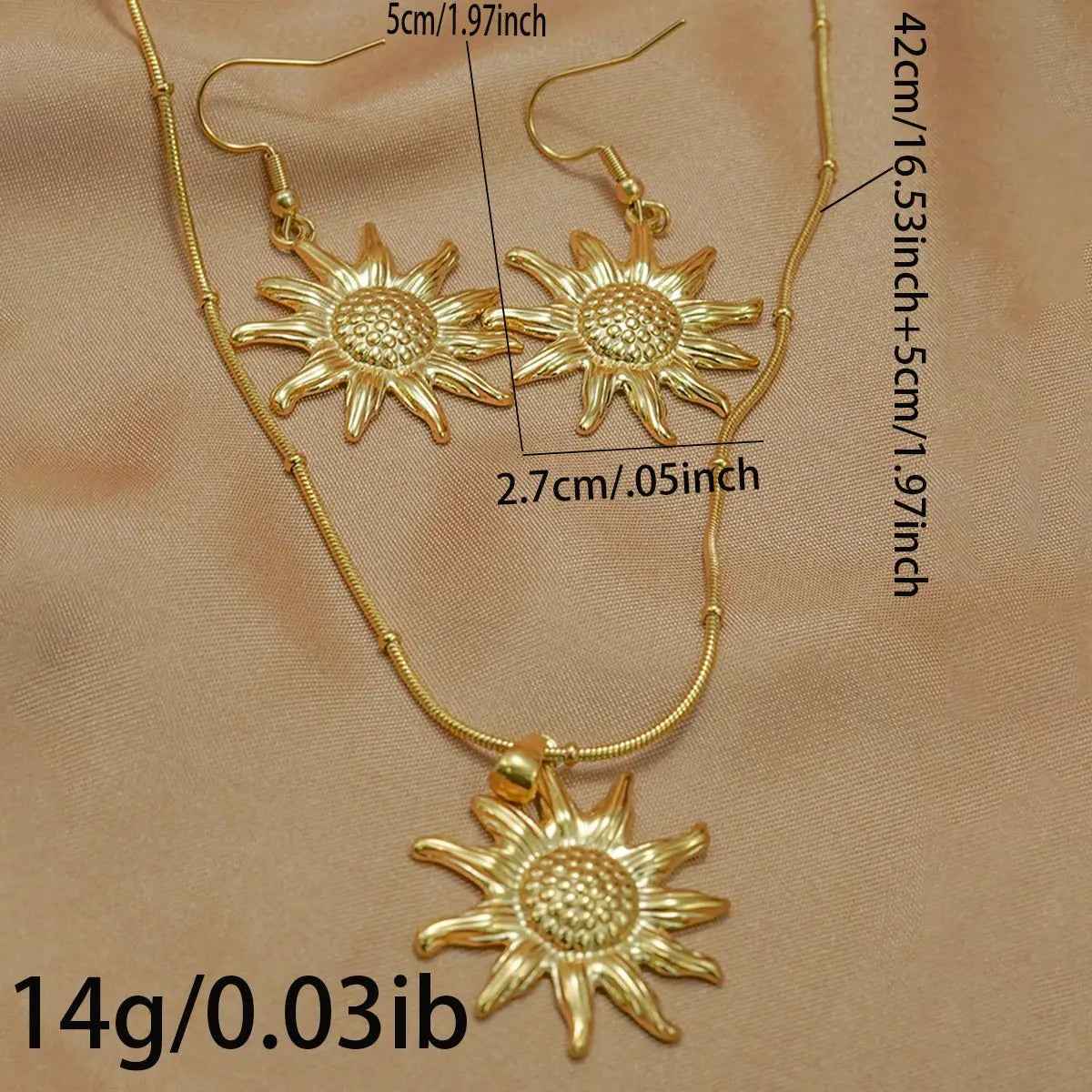 Lxalry 18K Gold Plated Stainless Steel Sun Pendant Necklace And Earrings Set For Women - Mohamed jewelry My Store