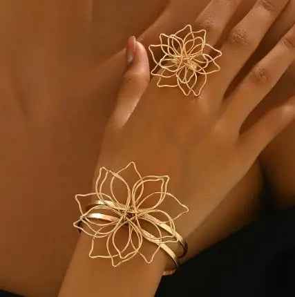 Lxalry Geometric Flower Ring & Adjustable Bracelet Jewelry Set - Mohamed jewelry My Store