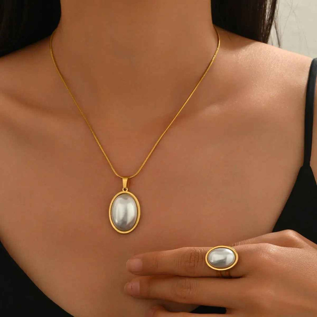 Lxalry Golden Jewelry Set - Elegant Necklace & Ring Combo With Oval Design, Metal Polished Finish - Mohamed jewelry My Store